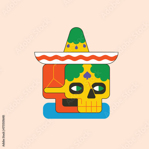 A colorful Mexican sugar skull wearing a traditional sombrero. This vibrant vector graphic is a festive concept for the Day of the Dead celebration