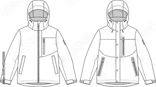 Hooded jacket, zipper closure, button flap, sleeve pocket, ribbed cuffs, fashion sketch, outerwear design, vector template, garment CAD, cad drawing flat vector illustration