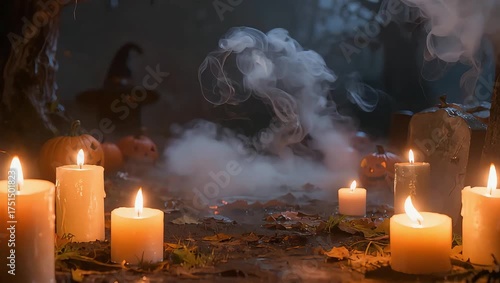 Spooky halloween background with burning candles, mysterious fog, and pumpkins in an enchanted, dark wood
