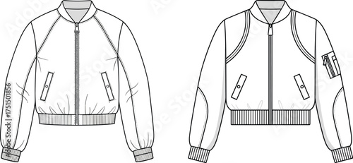 Bomber jacket, zip up, ribbed cuffs, ribbed collar, flap pockets, sleeve pocket, fashion sketch, vector template, garment CAD, cad drawing flat vector illustration