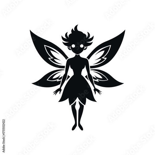 Silhouette of a whimsical fairy with large ornate wings and glowing eyes