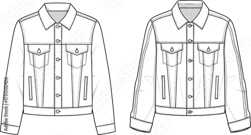 Denim jacket, button closure, chest pockets, welt pockets, classic collar, fashion sketch, outerwear design, vector template, garment CAD, cad drawing flat vector illustration