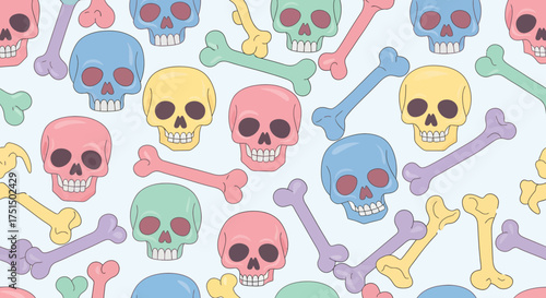 A vibrant and whimsical pattern of colorful skulls and bones, perfect for a playful yet slightly macabre design