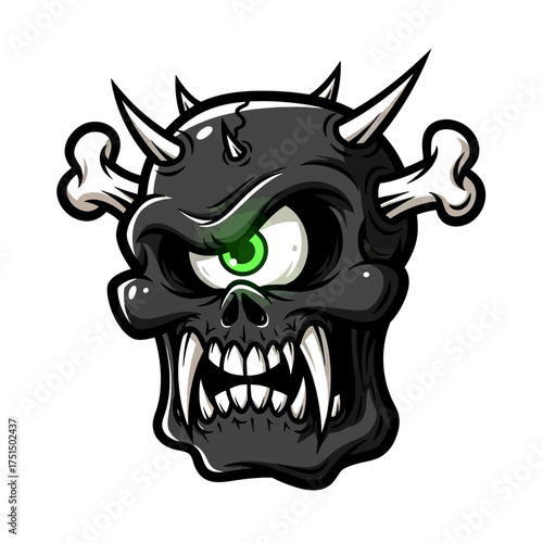 Menacing one-eyed monstrous skull with sharp fangs and bony spikes, a dark fantasy creature illustration