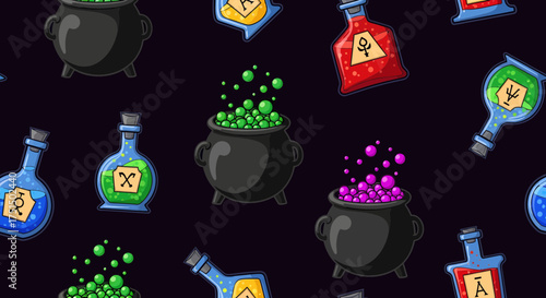 A cartoon illustration of potion bottles and bubbling cauldrons. They contain magical potions in various colors with different symbols 