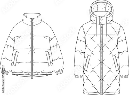 Puffer jacket, quilted coat, hooded parka, high collar, ribbed cuffs, flap pockets, fashion sketch, vector template, garment CAD, cad drawing flat vector illustration