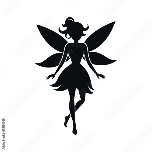 Silhouette of a whimsical fairy with large wings and a flowing dress