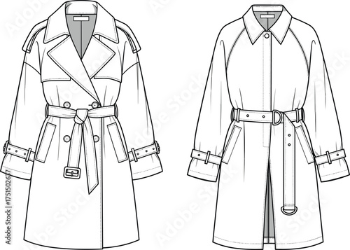 Trench coat, double breasted, single breasted, belted waist, notched lapel, shoulder epaulets, fashion sketch, vector template, garment CAD, cad drawing flat vector illustration