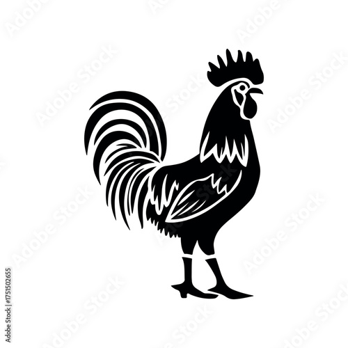 Bold black silhouette of a proud rooster with a magnificent tail