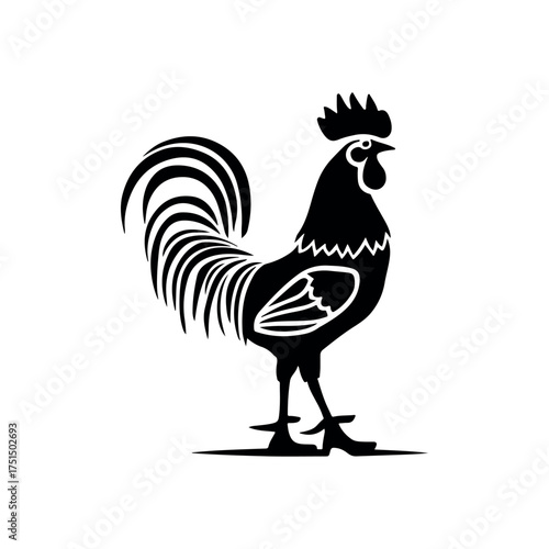 Stylized silhouette of a proud rooster with elaborate tail feathers