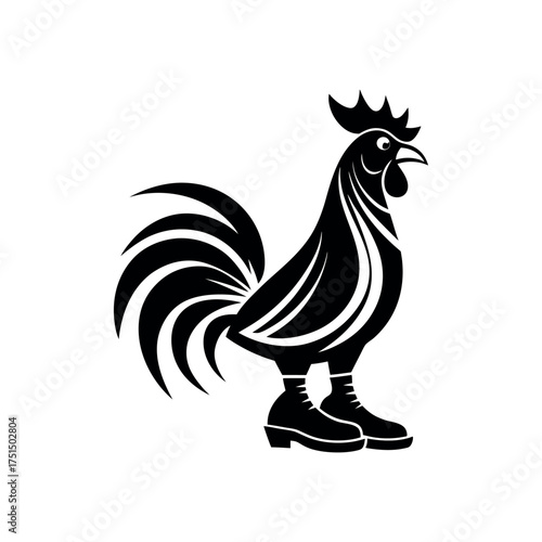 Stylized black rooster with boots standing proudly against white background