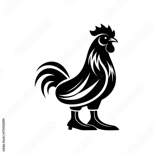 Stylized black rooster silhouette wearing boots on white background