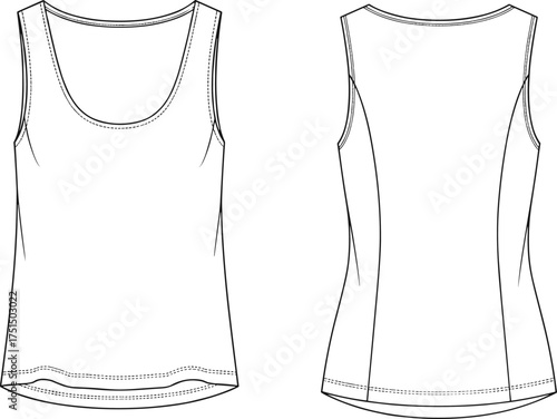 Women basic tank top, sleeveless scoop neck shirt, CAD fashion flat sketch, vector illustration, apparel technical drawing for clothing design template