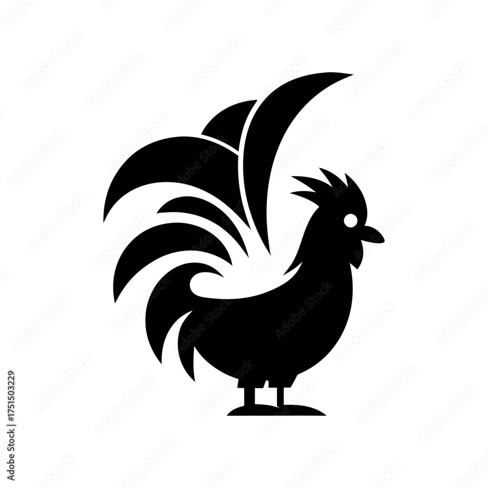 Fototapeta premium Stylized black silhouette of a rooster with a large fanned tail