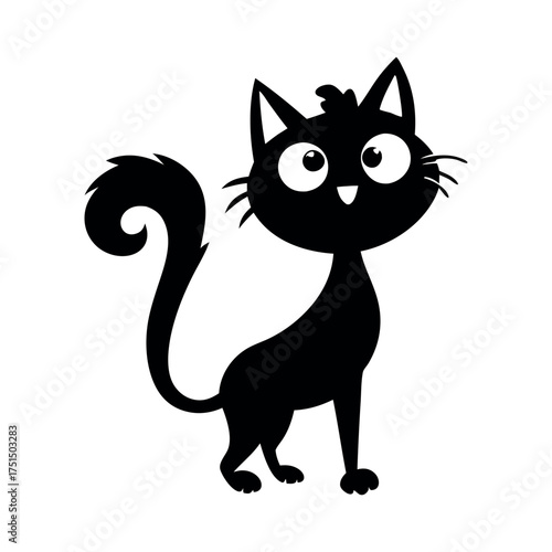 Whimsical black cat silhouette with big eyes and curly tail