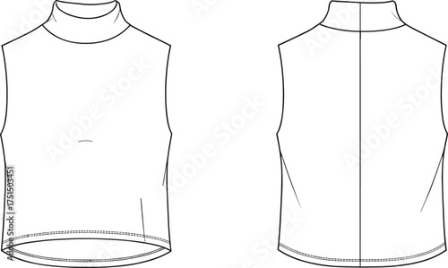 Sleeveless mock neck top flat sketch, vector technical fashion drawing, minimalist clothing design template, CAD apparel illustration, front and back view