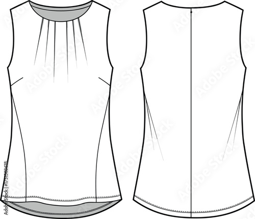Women’s pleated sleeveless top flat sketch, fashion technical drawing, vector apparel design, front and back view, blouse CAD illustration, sewing pattern