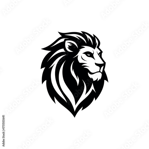 Majestic black and white lion head emblem with fierce expression