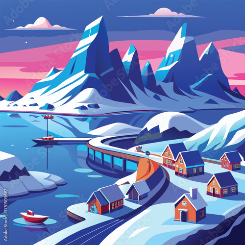 Beautiful Landscape with Blue Sea Snowy Mountains Vector Illustration