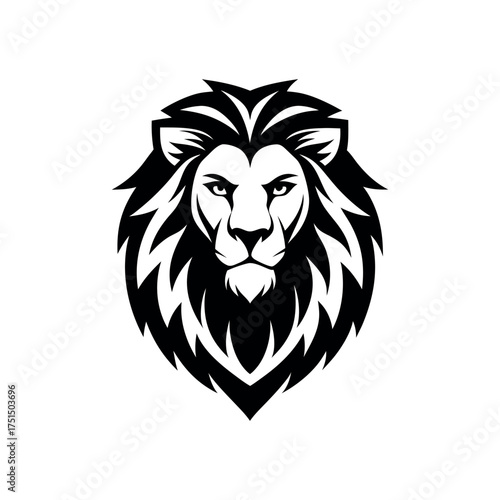 Majestic black and white lion head emblem with fierce expression