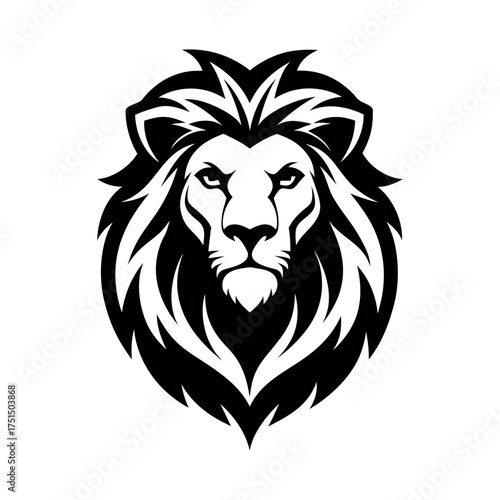 Striking black and white lion head emblem with majestic mane