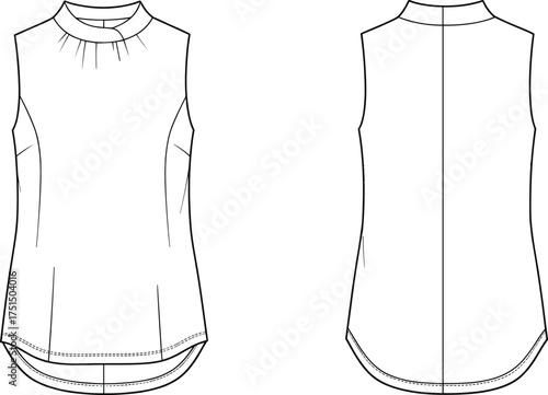 Women’s mock neck sleeveless top flat sketch, fashion technical drawing, vector apparel design, front and back view, blouse CAD illustration, sewing pattern