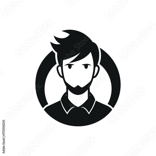 Stylized black silhouette of a bearded man in a circle emblem