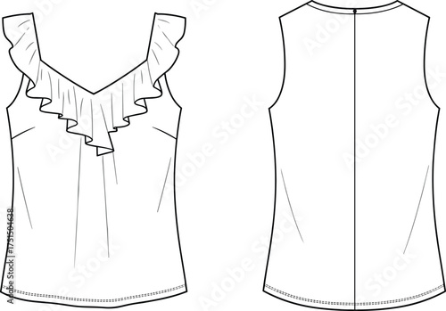Women's sleeveless ruffle top fashion flat sketch, stylish blouse design, vector apparel template, technical drawing, CAD illustration for designers