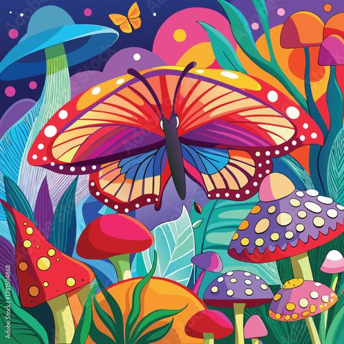 Colorful background with butterfly and amanita mushroom fantasy vector design
