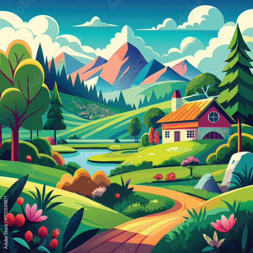 Colorful green countryside landscape with trees and hills vector illustration