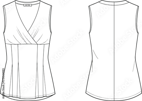 Cad drawing flat vector illustration, women wrap top technical sketch, sleeveless blouse design, fashion flat template, apparel vector outline