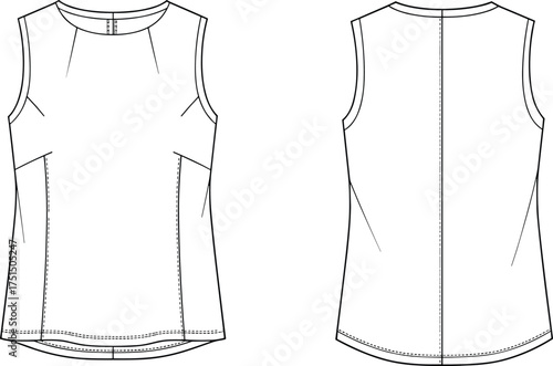 Cad drawing flat vector illustration, sleeveless blouse top technical sketch, women fashion flat design, apparel template, clothing vector outline