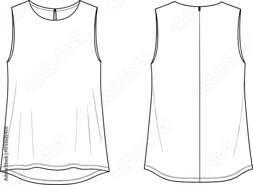 Cad drawing flat vector illustration, women sleeveless top design, round neck blouse, fashion technical flat sketch for apparel design