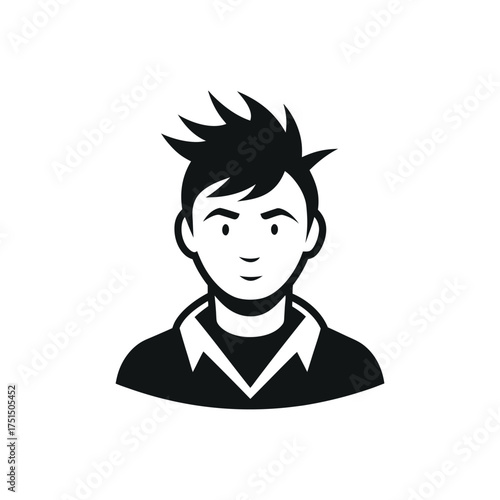 Stylized black and white illustration of a young man s head and shoulders