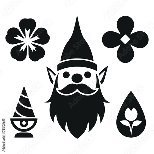 Whimsical black silhouette gnome and garden elements for crafting