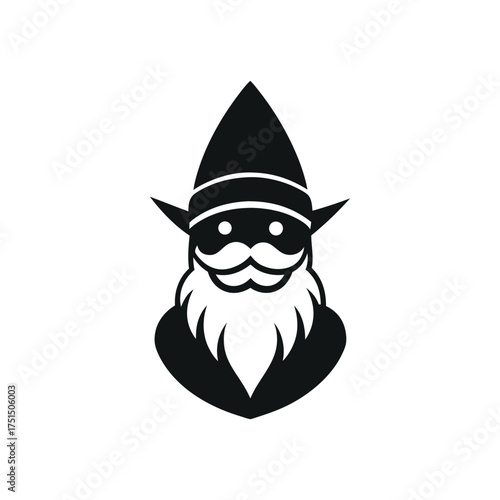 Whimsical black and white gnome with pointed hat and bushy beard