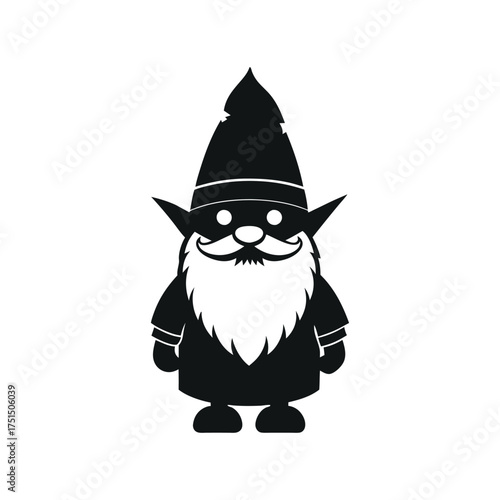 Whimsical black and white gnome with pointed hat and long beard