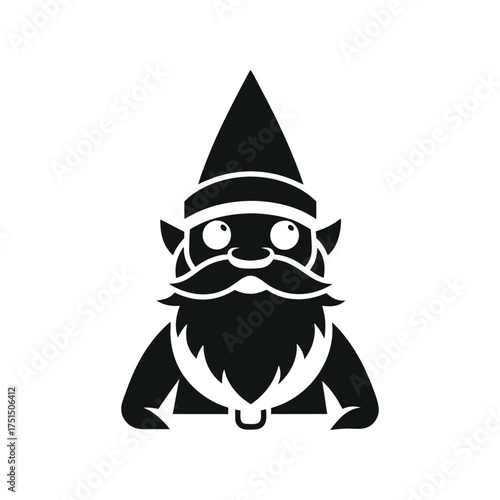 Whimsical black silhouette of a gnome with a pointed hat and beard