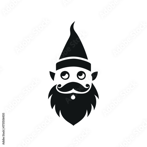 Whimsical black and white gnome with pointed hat and bushy beard