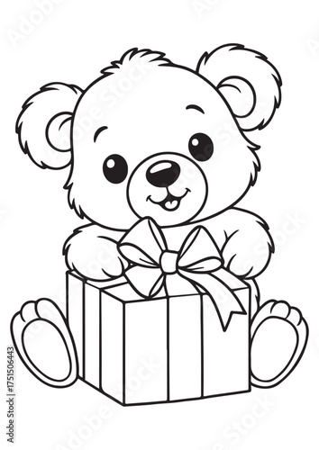 Adorable bear holding a present coloring page.eps and print-ready. Cute vector illustration in ISO size, great for kids’ fun learning and creative coloring.