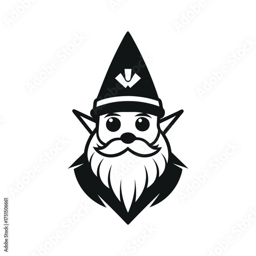Whimsical gnome character with pointed hat and bushy beard