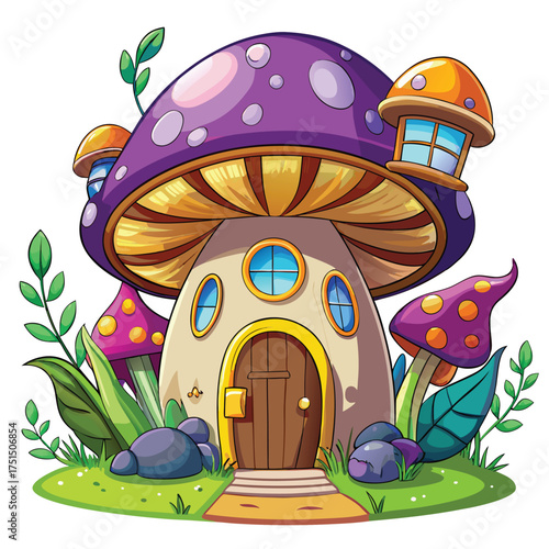 Fantasy mushroom house with doors and windows fairy vector illustration