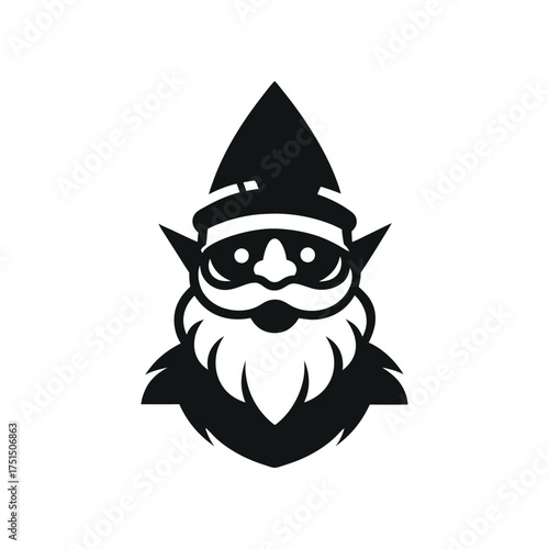 Stylized black and white gnome head with pointed hat and goggles