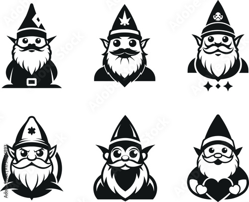 Six stylized black and white gnome illustrations with pointed hats and beards