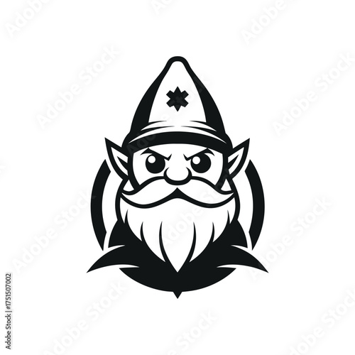 Stylized black and white illustration of a fierce gnome character