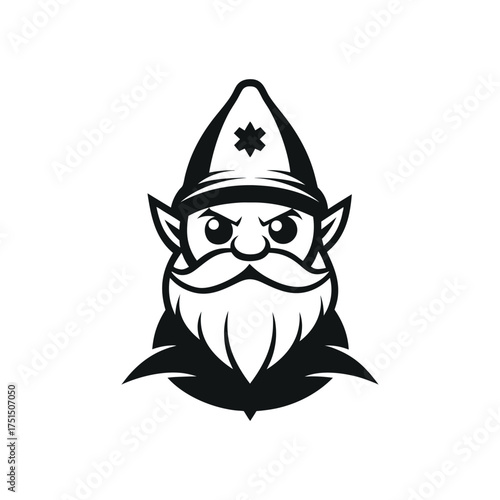 Stylized black and white illustration of a grumpy gnome with a pointed hat