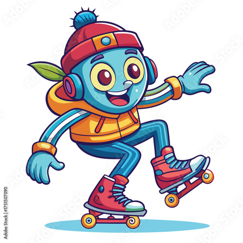 Friendly skate design with cheerful character performing stunts in colorful style Vector Illustration