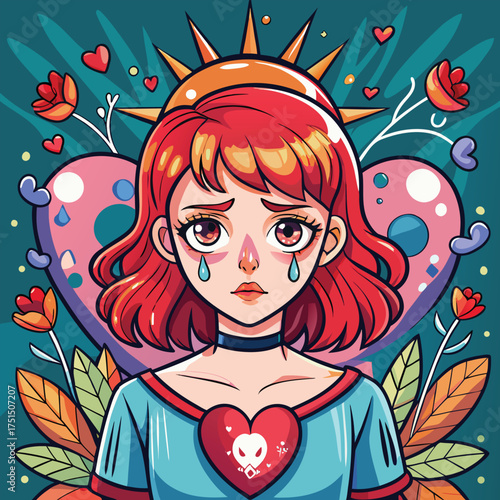 Girl with broken heart sitting alone feeling sad in emotional love breakup concept Vector Illustration