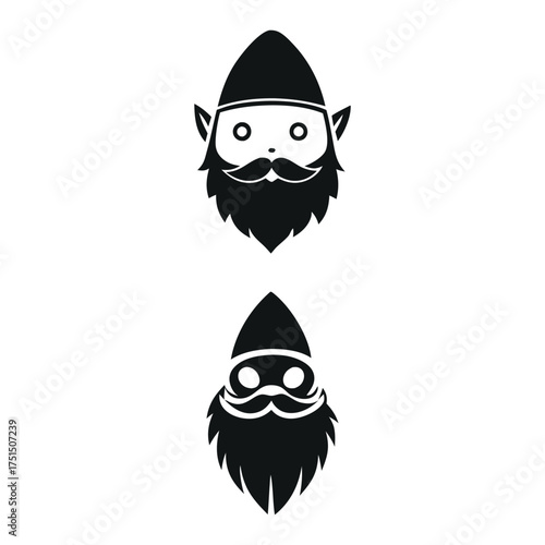 Two stylized gnome faces with pointy hats and long beards in black silhouette
