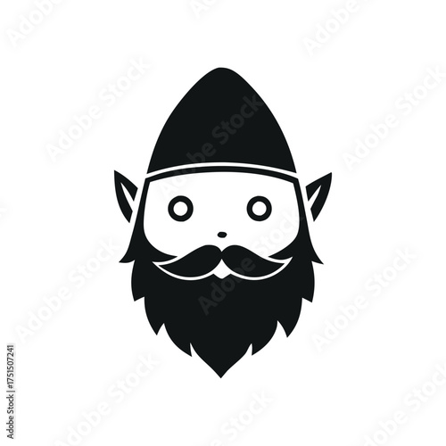 Whimsical black and white gnome character with pointed hat and beard